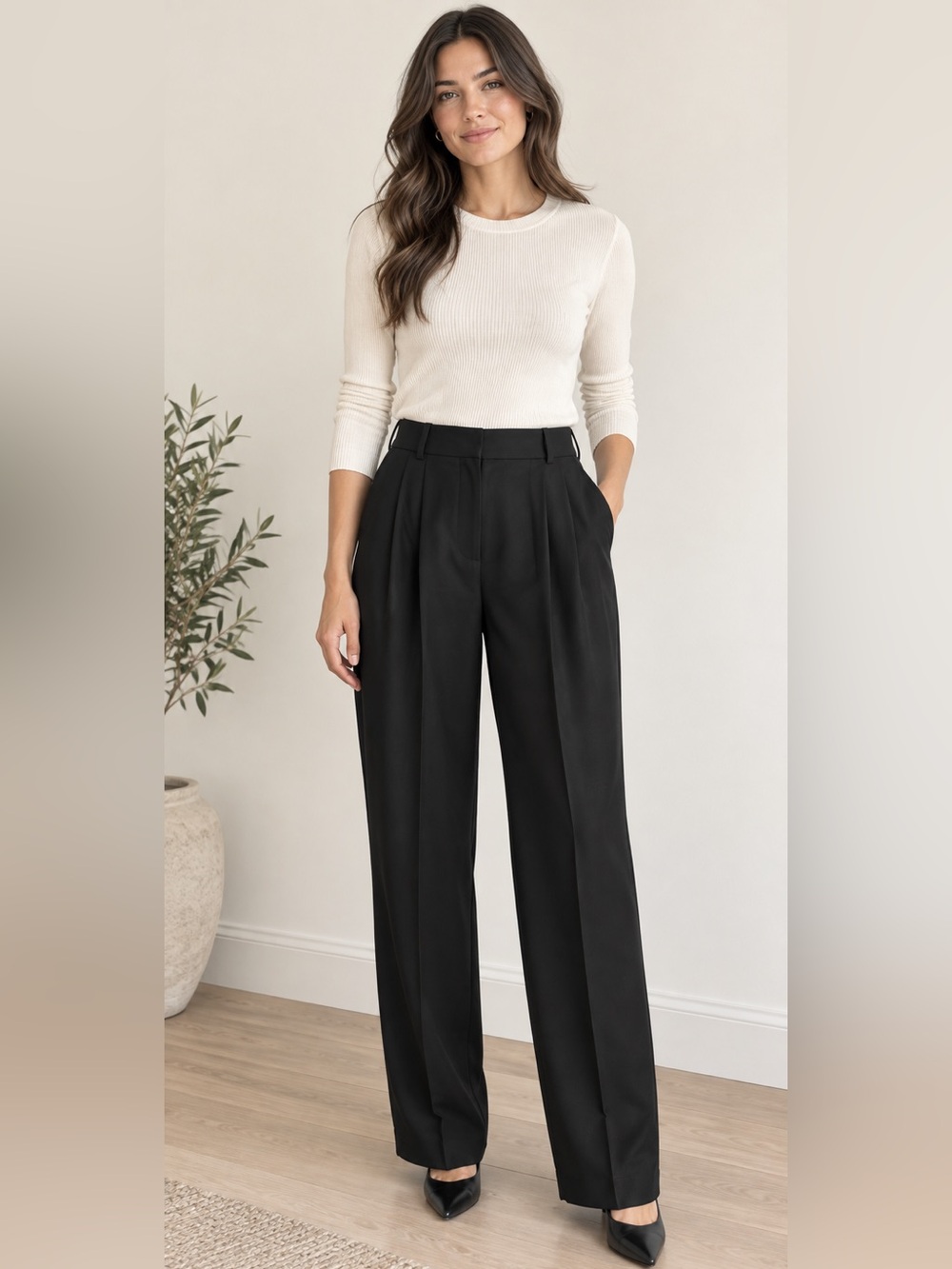 ZARA Full Length Wool Blend Pleated Trousers Black Size XL